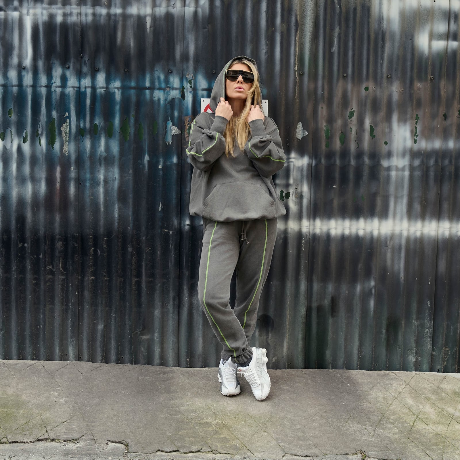 Grey Hoodie Sweatpants With Neon Piping Grey Hoodie Sweatpants With Neon Piping — Trendy Grey Hoodie Outfit