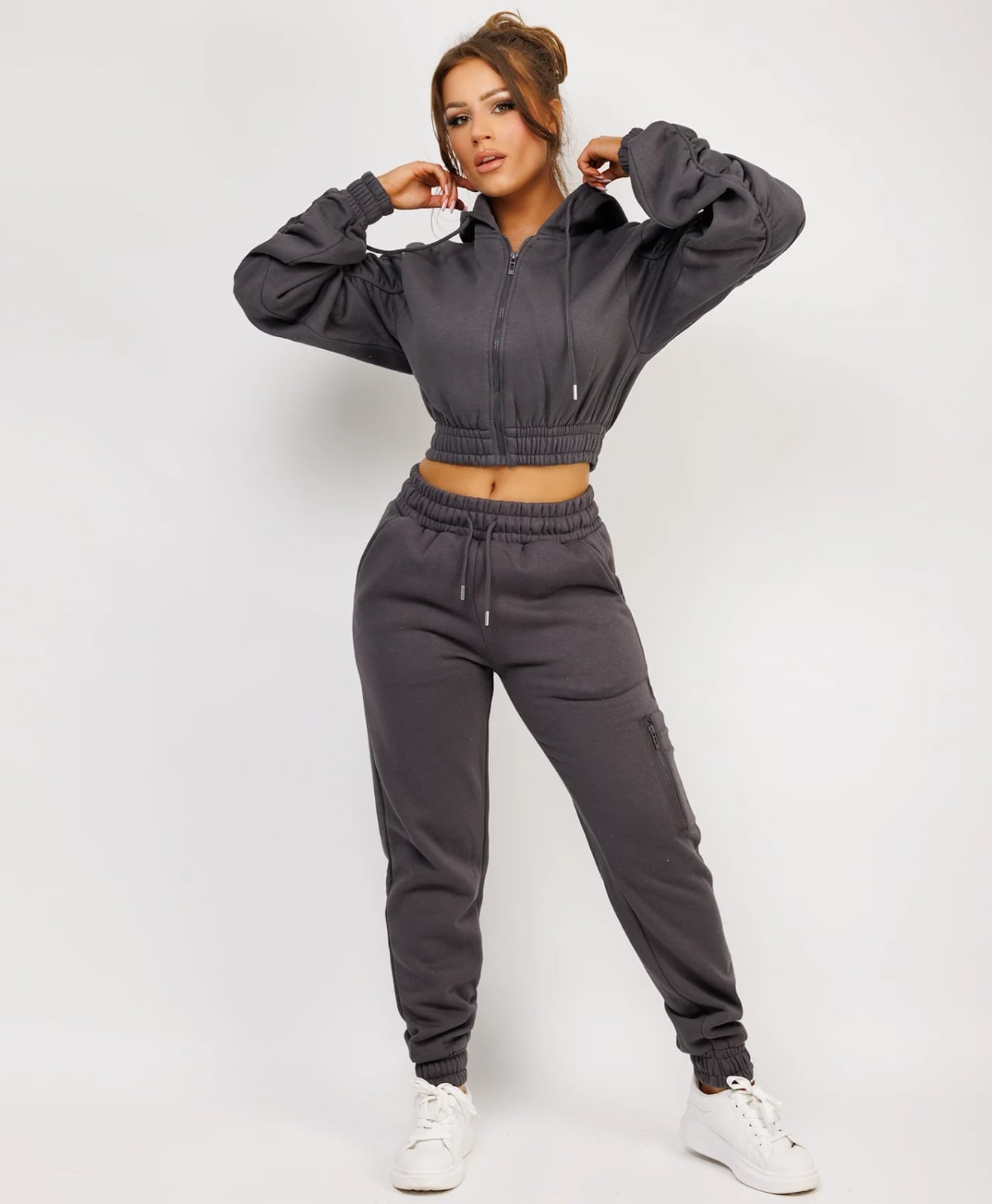 Charcoal Grey Cropped Hoodie Tracksuit Charcoal Grey Cropped Hoodie Tracksuit — Trendy Grey Hoodie Outfit