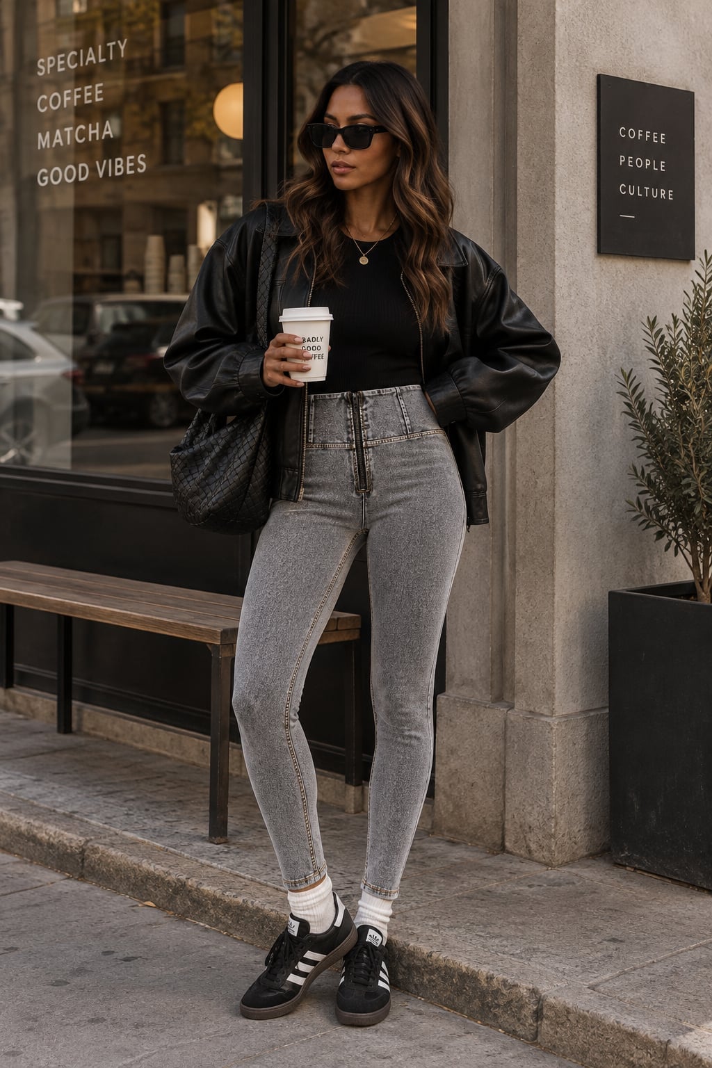 High Waist Skinny Grey Jeans With Leather Jacket — Trendy Grey Jeans Outfits