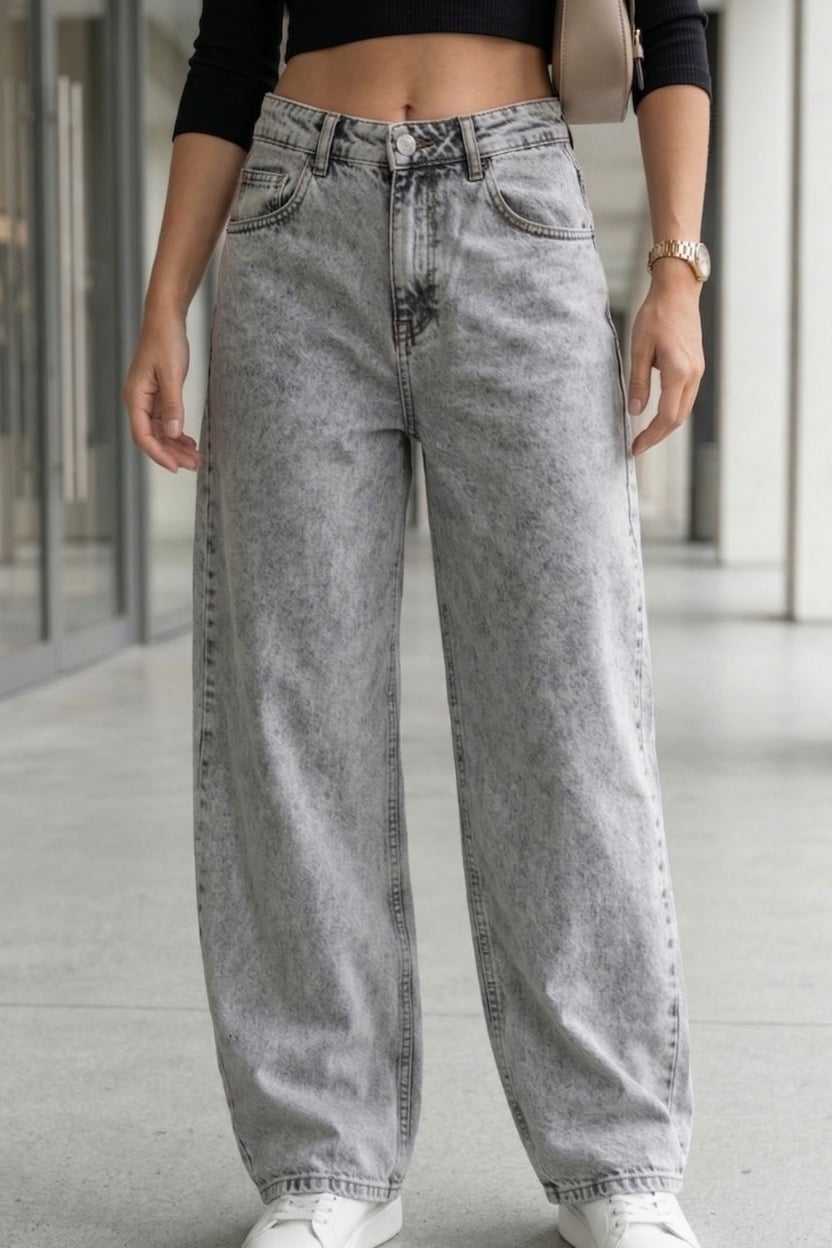 Acid Wash Baggy Grey Jeans With White Sneakers — Trendy Grey Jeans Outfits