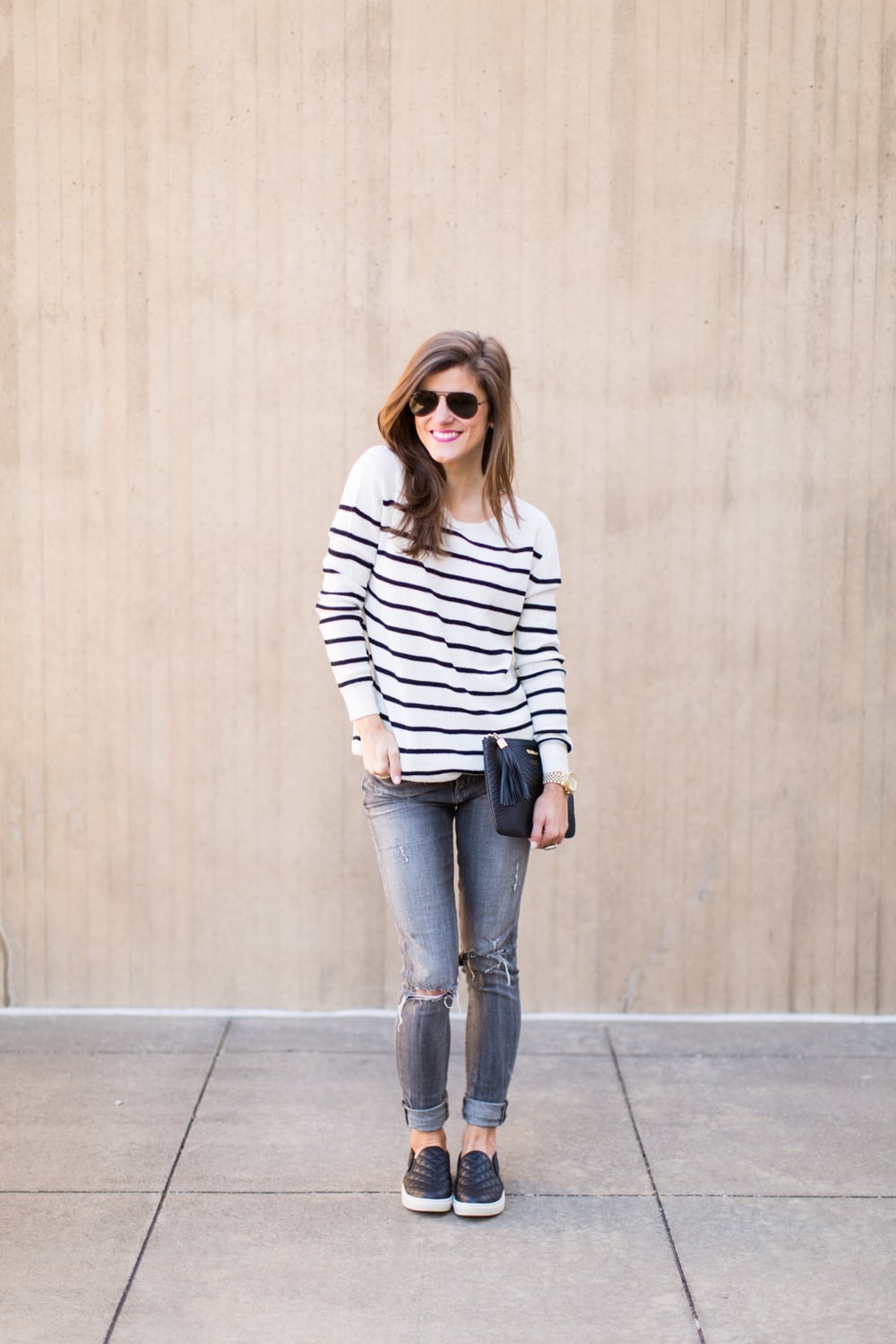 Distressed Straight Leg Grey Jeans With Striped Top — Trendy Grey Jeans Outfits