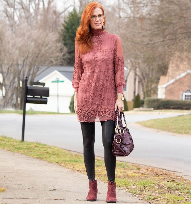 Pink Lace Dress Over Black Leggings Pink Lace Dress Over Black Leggings — Trendy Grey Leggings Outfit