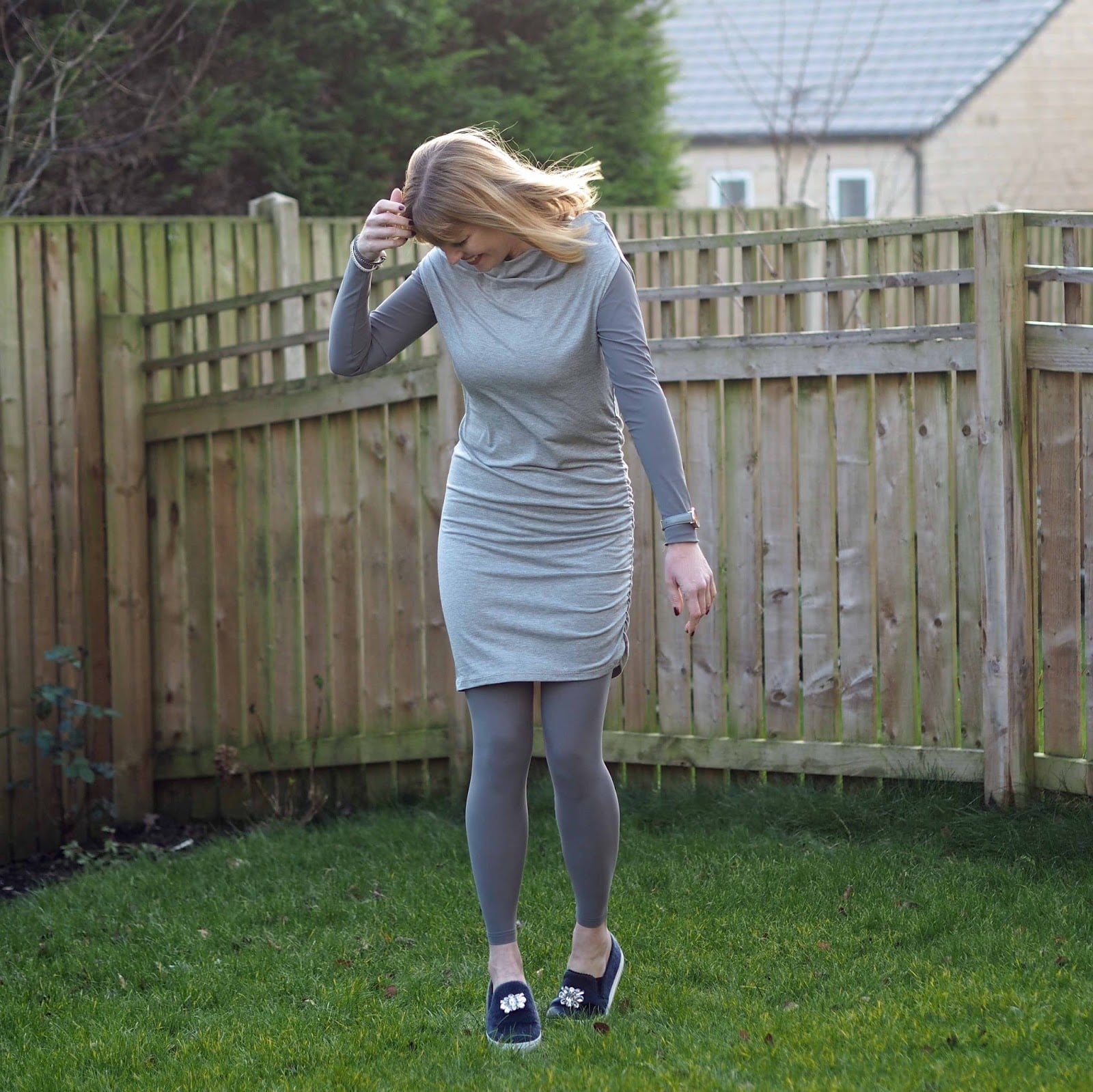 Grey Ruched Dress Over Grey Leggings Grey Ruched Dress Over Grey Leggings — Trendy Grey Leggings Outfit