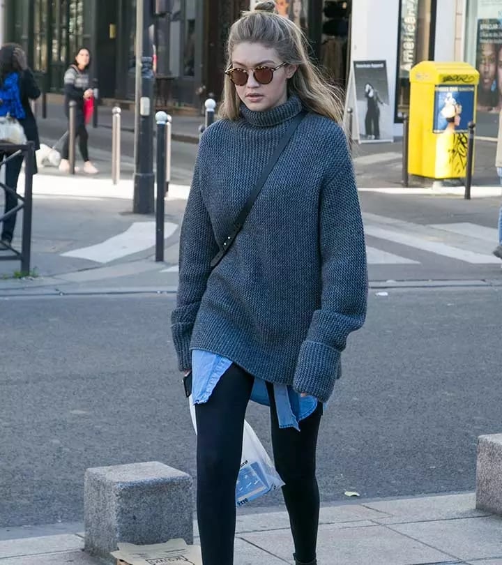 Grey Knit Turtleneck Over Denim Shirt And Leggings Grey Knit Turtleneck Over Denim Shirt And Leggings — Trendy Grey Leggings Outfit