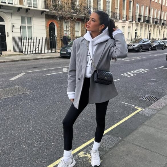 Grey Hoodie With Oversized Blazer And Leggings Grey Hoodie With Oversized Blazer And Leggings — Trendy Grey Leggings Outfit