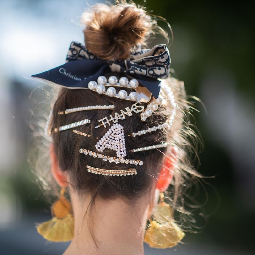 Messy Brown Bun With Pearl And Rhinestone Clips Messy Brown Bun With Pearl And Rhinestone Clips — Trendy Hair with Clips