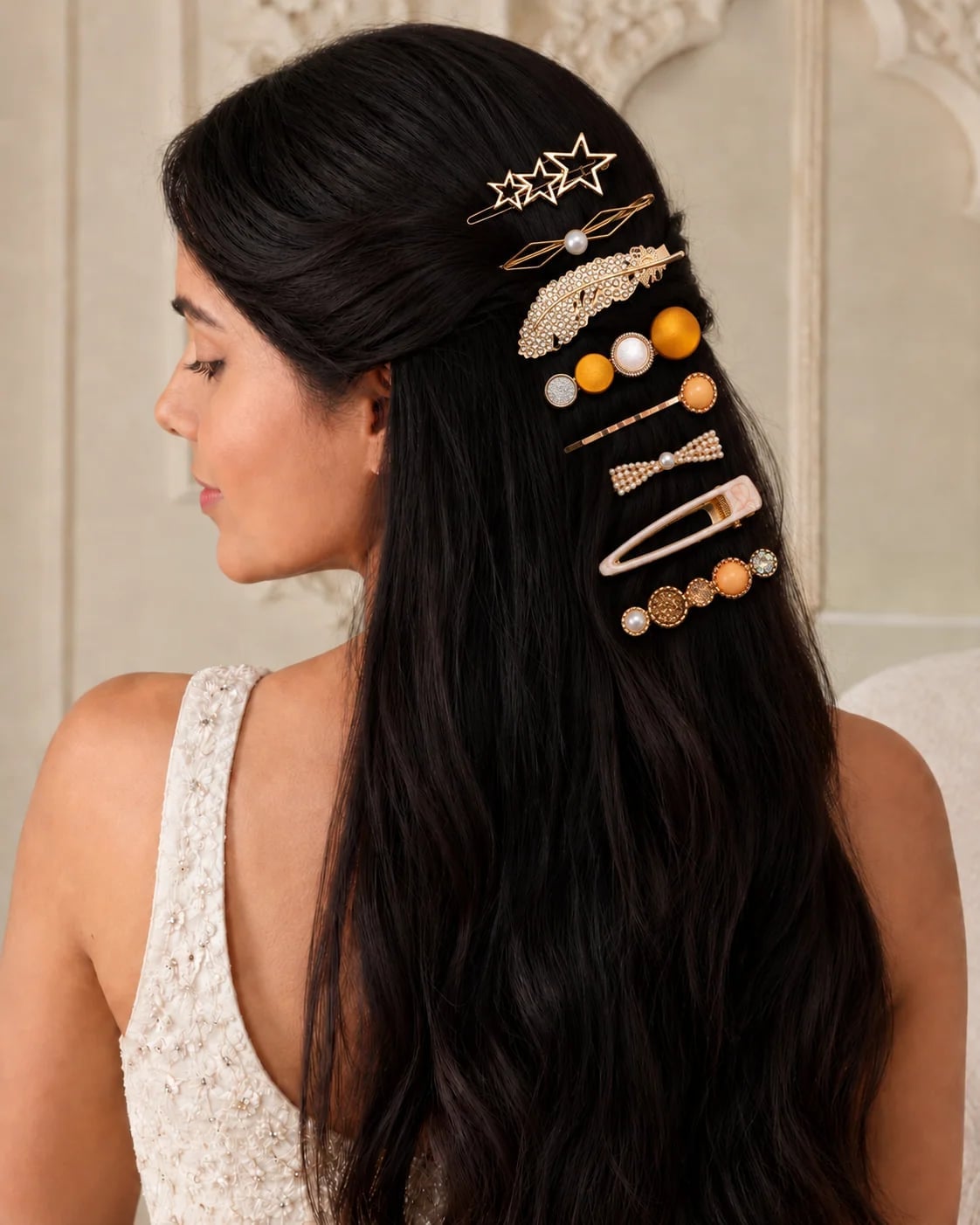 Mid-Back Dark Brown Waves With Star And Pearl Clips Mid-Back Dark Brown Waves With Star And Pearl Clips — Trendy Hair with Clips