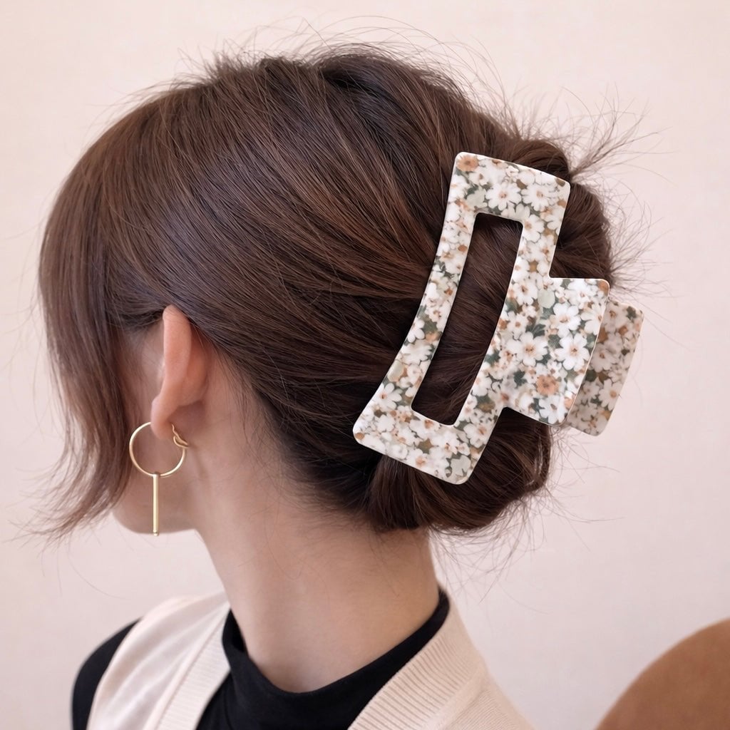 Mid-Back Low Bun With Floral Pattern Clip Mid-Back Low Bun With Floral Pattern Clip — Trendy Hair with Clips