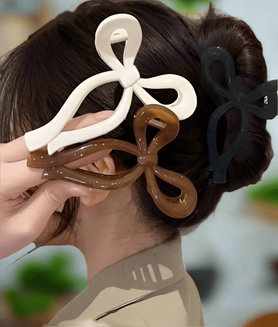 Dark Brown Updo With Multiple White Bow Clips Dark Brown Updo With Multiple White Bow Clips — Trendy Hair with Clips