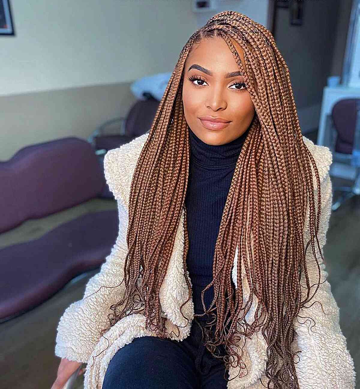 Mid-Back Brown Box Braids with Wavy Ends Mid-Back Brown Box Braids with Wavy Ends — Trendy Hairstyles for Black Women Braids