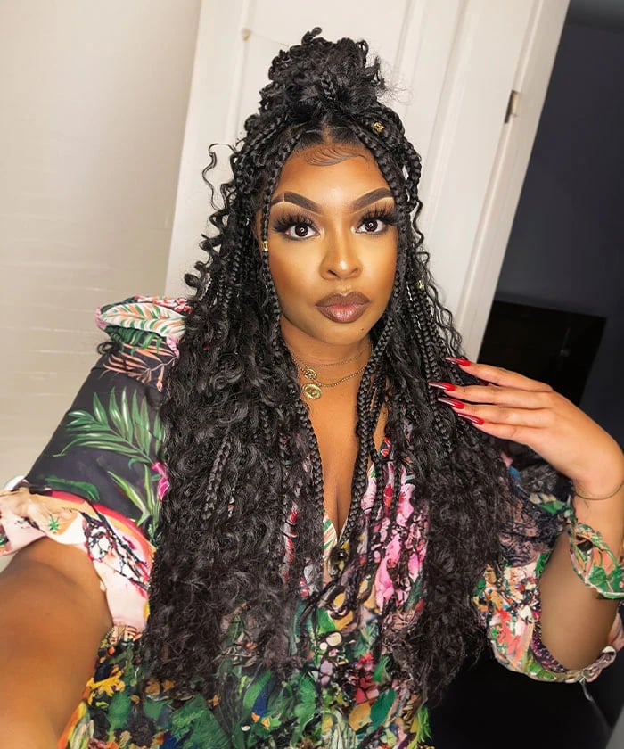 Mid-Back Bohemian Box Braids with Loose Strands Mid-Back Bohemian Box Braids with Loose Strands — Trendy Hairstyles for Black Women Braids