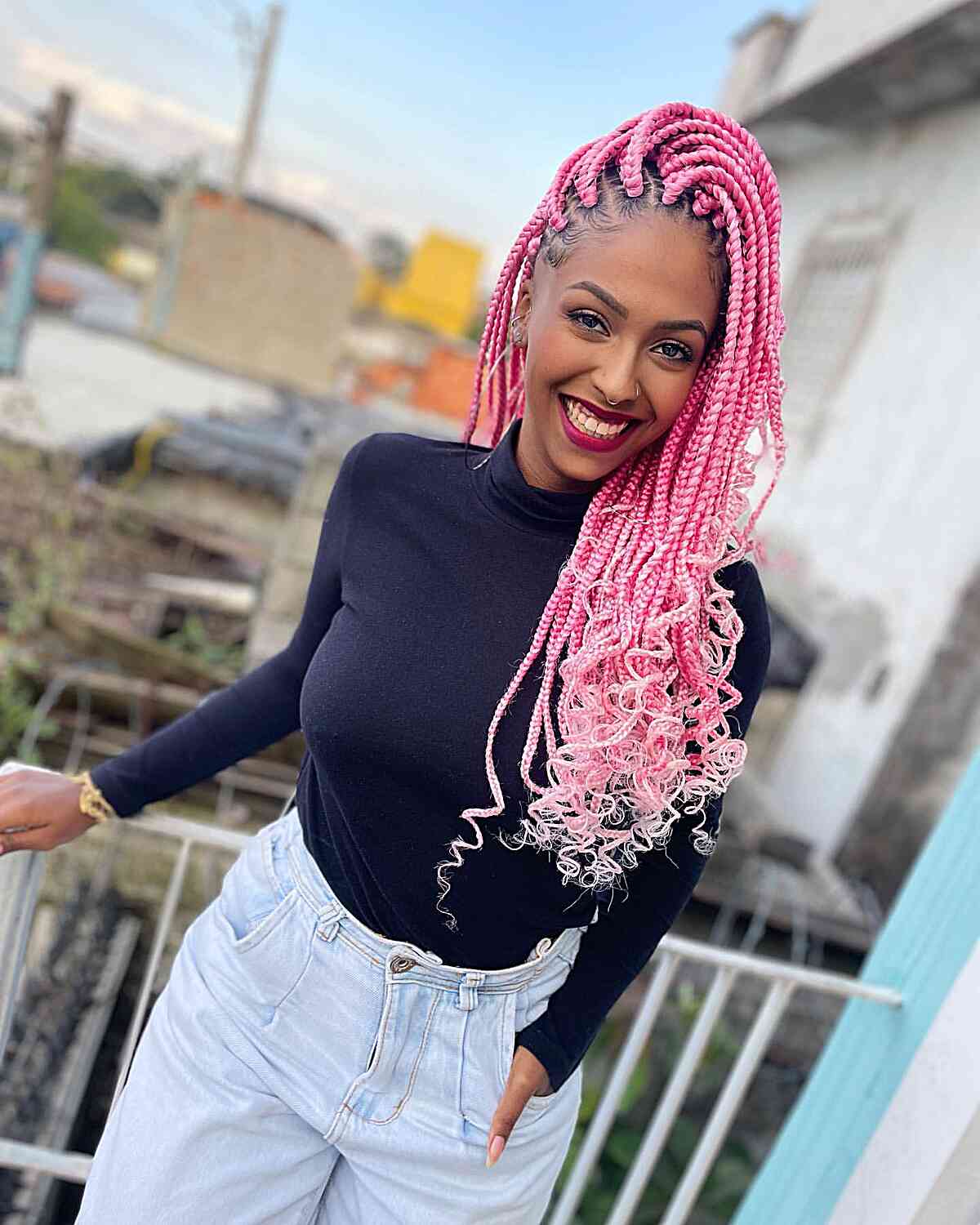 Mid-Back Pink Box Braids with Curly Ends Mid-Back Pink Box Braids with Curly Ends — Trendy Hairstyles for Black Women Braids