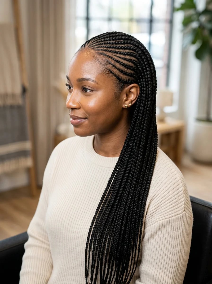 Sleek Long Cornrows Flowing Down Sleek Long Cornrows Flowing Down — Trendy Hairstyles for Black Women Braids