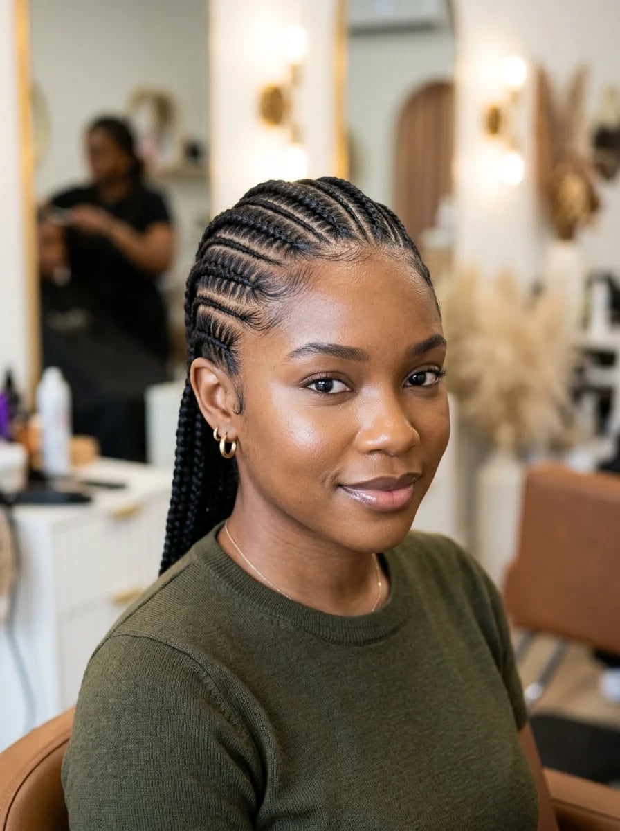 Long Flowing Cornrows with a Side Part Long Flowing Cornrows with a Side Part — Trendy Hairstyles for Black Women Braids