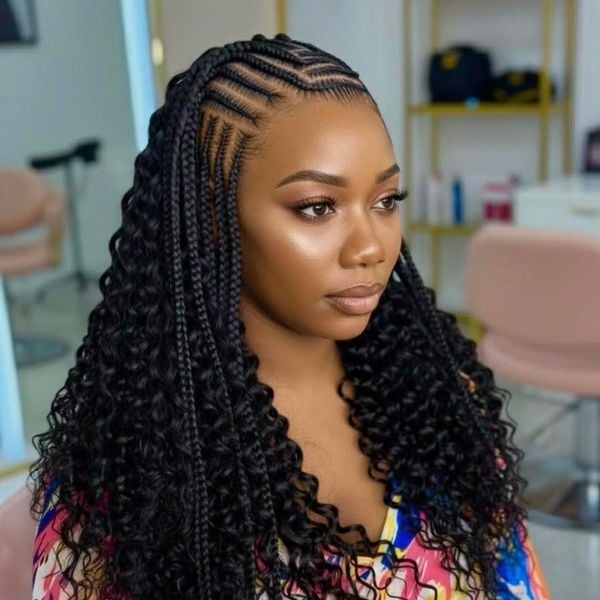 Cornrows with Curly Extensions and Heart Detail Cornrows with Curly Extensions and Heart Detail — Trendy Hairstyles for Black Women Braids