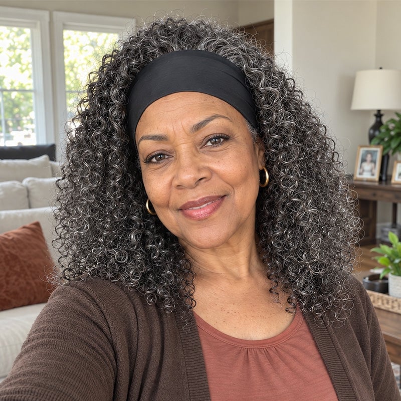 Salt and Pepper Kinky Curly Shoulder Length Salt and Pepper Kinky Curly Shoulder Length — Trendy Headband Wig