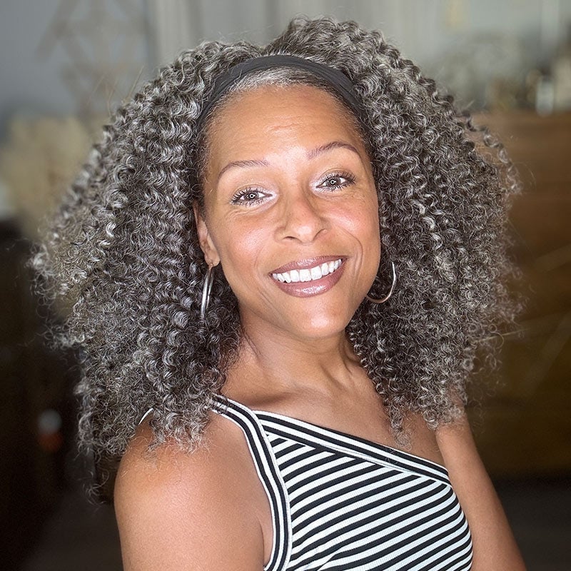 Salt and Pepper Curly Shoulder Length Air Dried, Layers Salt and Pepper Curly Shoulder Length Air Dried, Layers — Trendy Headband Wig