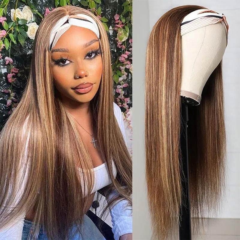 Fine Straight Brown Mid-Back Blonde Highlights, Middle Fine Straight Brown Mid-Back Blonde Highlights, Middle — Trendy Headband Wig