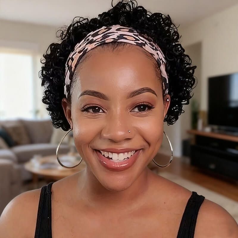 Thick Curly Black Chin Length Bob Side Part With Air Dried Thick Curly Black Chin Length Bob Side Part With Air Dried — Trendy Headband Wig