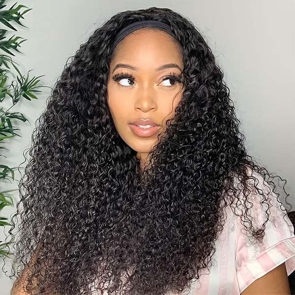 Black Kinky Curly Shoulder Length With Pearls and A Middle Part Black Kinky Curly Shoulder Length With Pearls and A Middle Part — Trendy Headband Wig