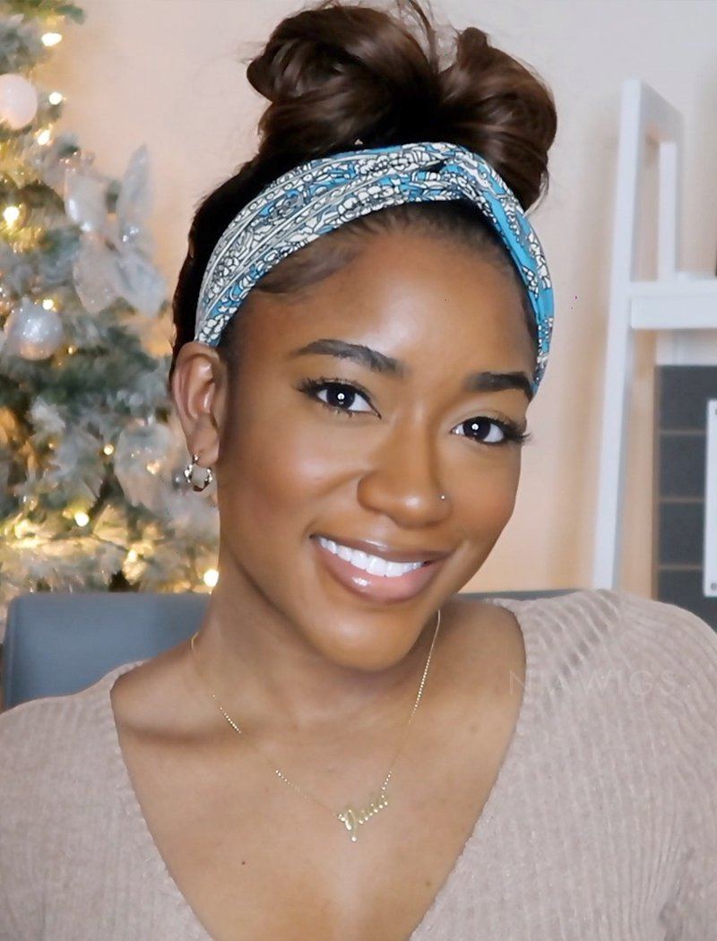 Dark Brown Wavy Shoulder Length Updo With Bangs Dark Brown Wavy Shoulder Length Updo With Bangs — Trendy Headband Wig