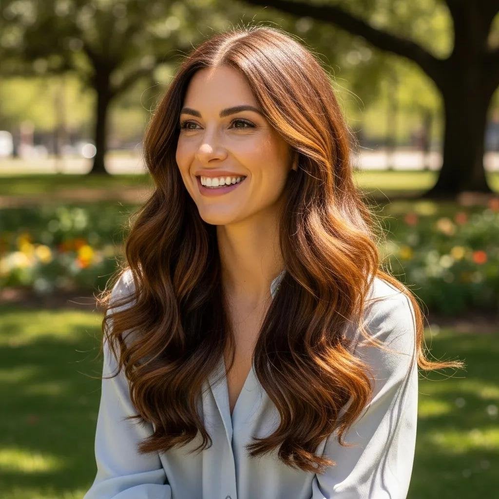 Mid-Back Warm Brown Glossy Waves — Trendy Heatless Curls