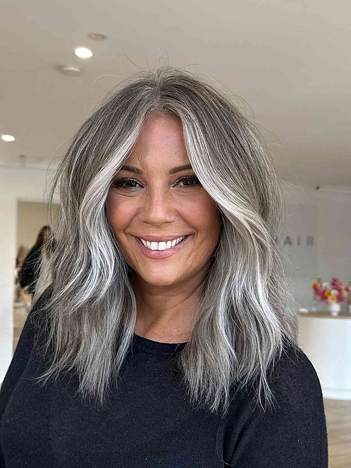 Collarbone Lob With Silver Highlights On Grey — Trendy Highlights Hair
