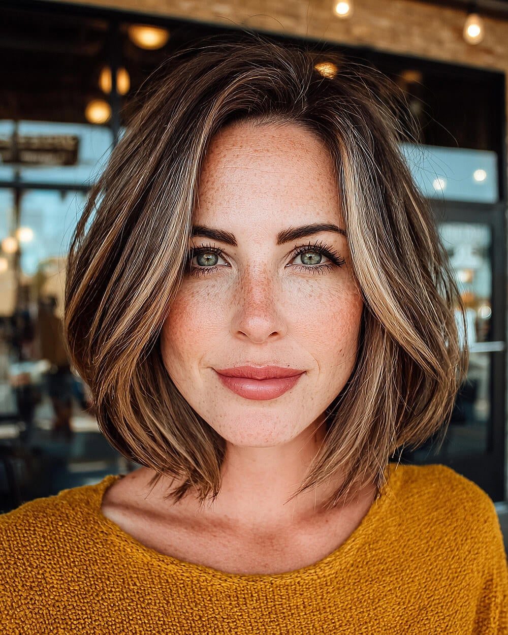 Chin Length Bob With Caramel Highlights — Trendy Highlights Hair