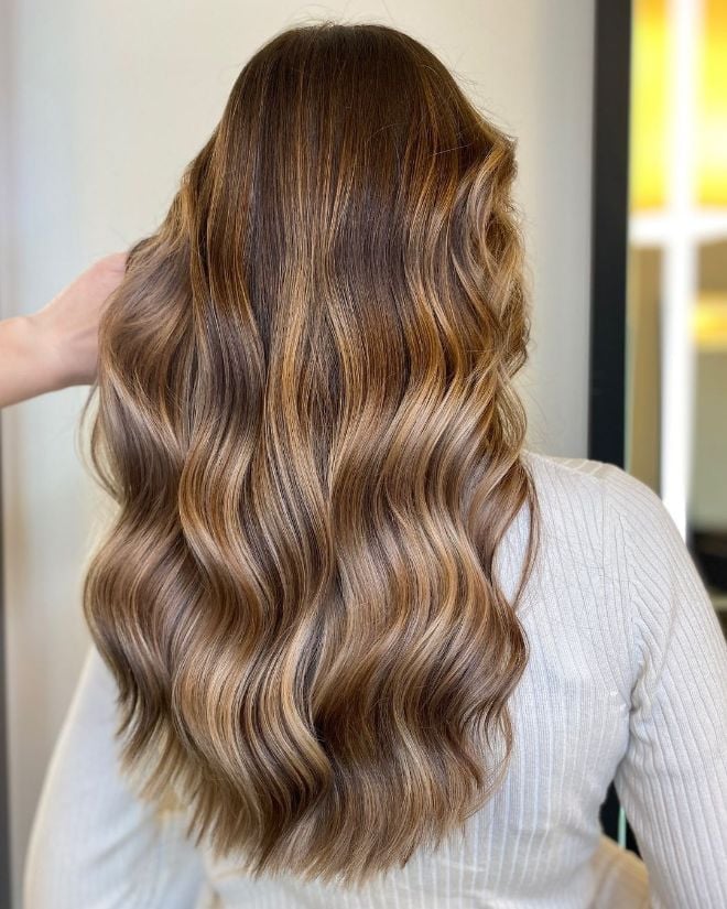 Long Dark Brown Hair With Caramel Highlights — Trendy Highlights Hair