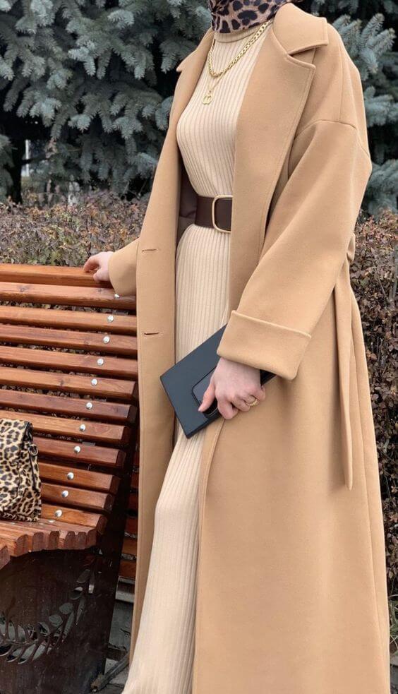 Camel Coat Over Ribbed Beige Dress Camel Coat Over Ribbed Beige Dress — Trendy Hijab Outfits