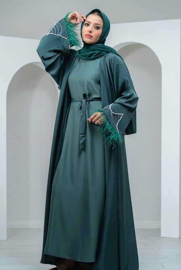 Monochromatic Green Abaya with Feather Trim Monochromatic Green Abaya with Feather Trim — Trendy Hijab Outfits