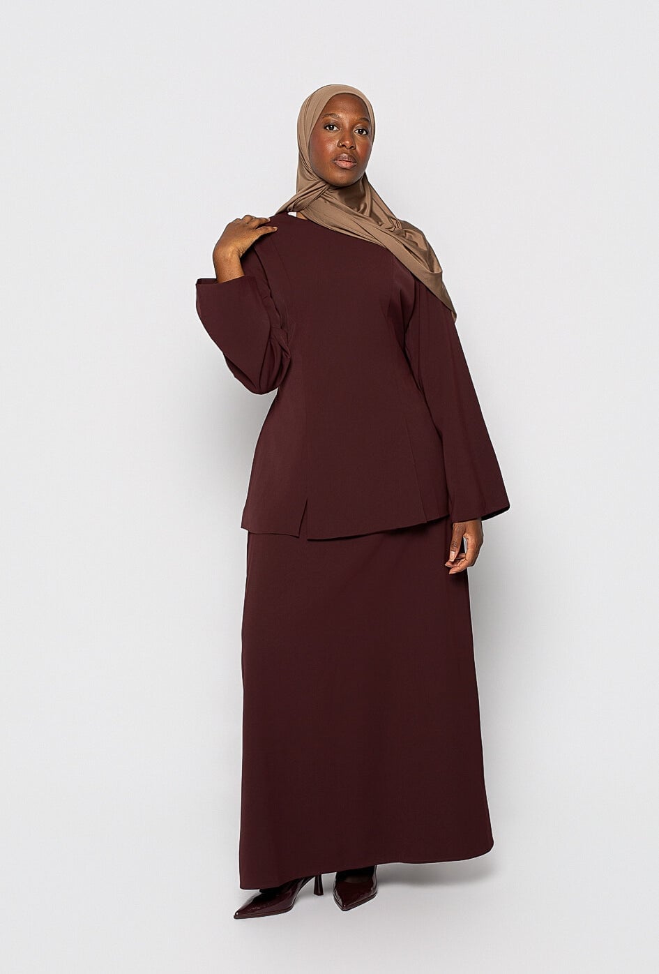 Deep Burgundy Tailored Set Deep Burgundy Tailored Set — Trendy Hijab Outfits