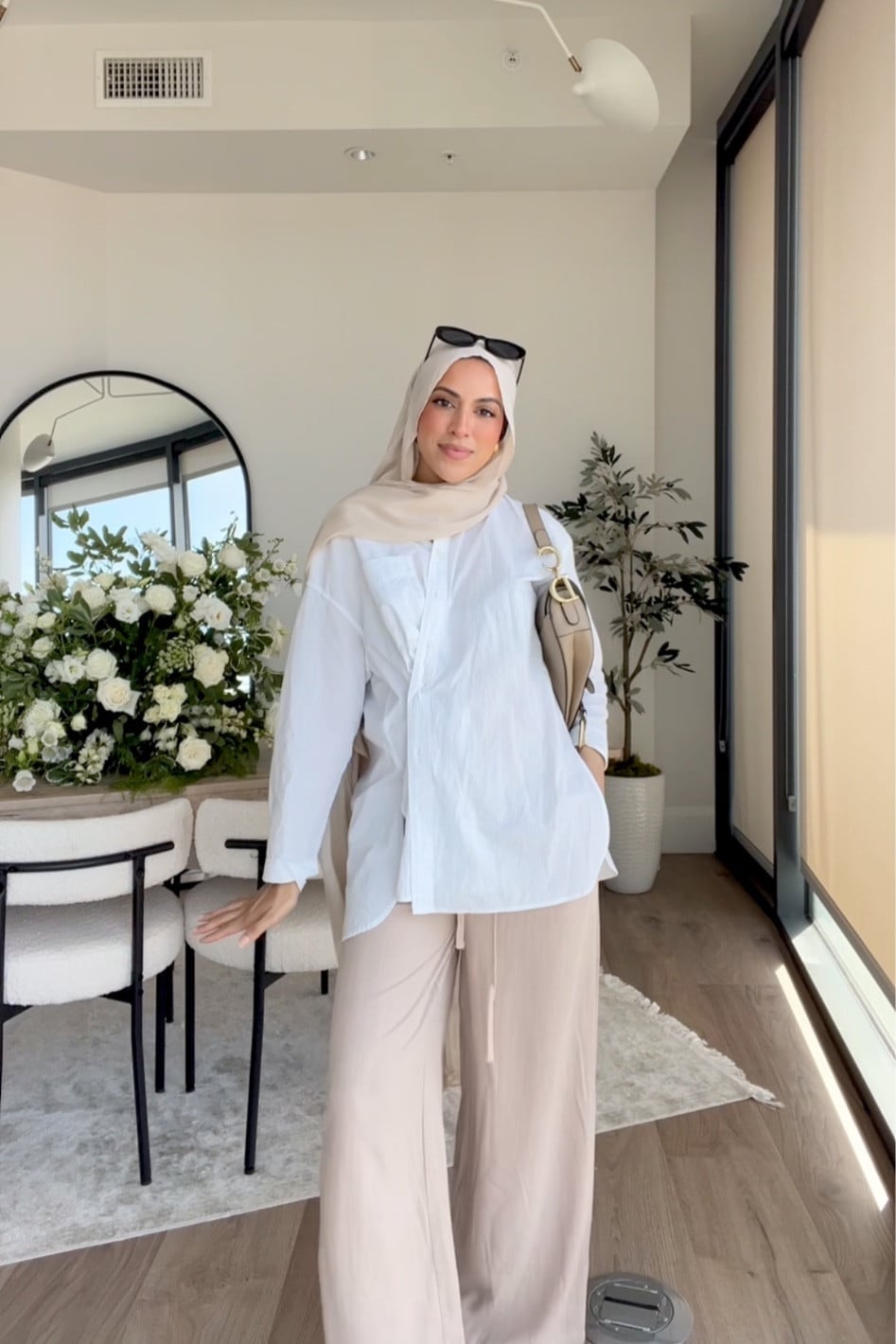 Oversized White Shirt with Beige Trousers, Cotton Oversized White Shirt with Beige Trousers, Cotton — Trendy Hijab Outfits