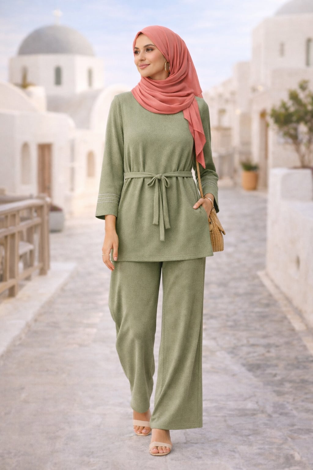 Sage Green Knit Set with Blush Hijab Sage Green Knit Set with Blush Hijab — Trendy Hijab Outfits