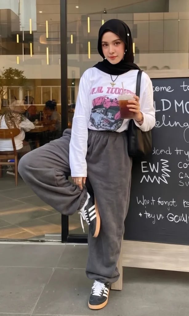 Graphic T-Shirt with Baggy Sweatpants Graphic T-Shirt with Baggy Sweatpants — Trendy Hijab Outfits