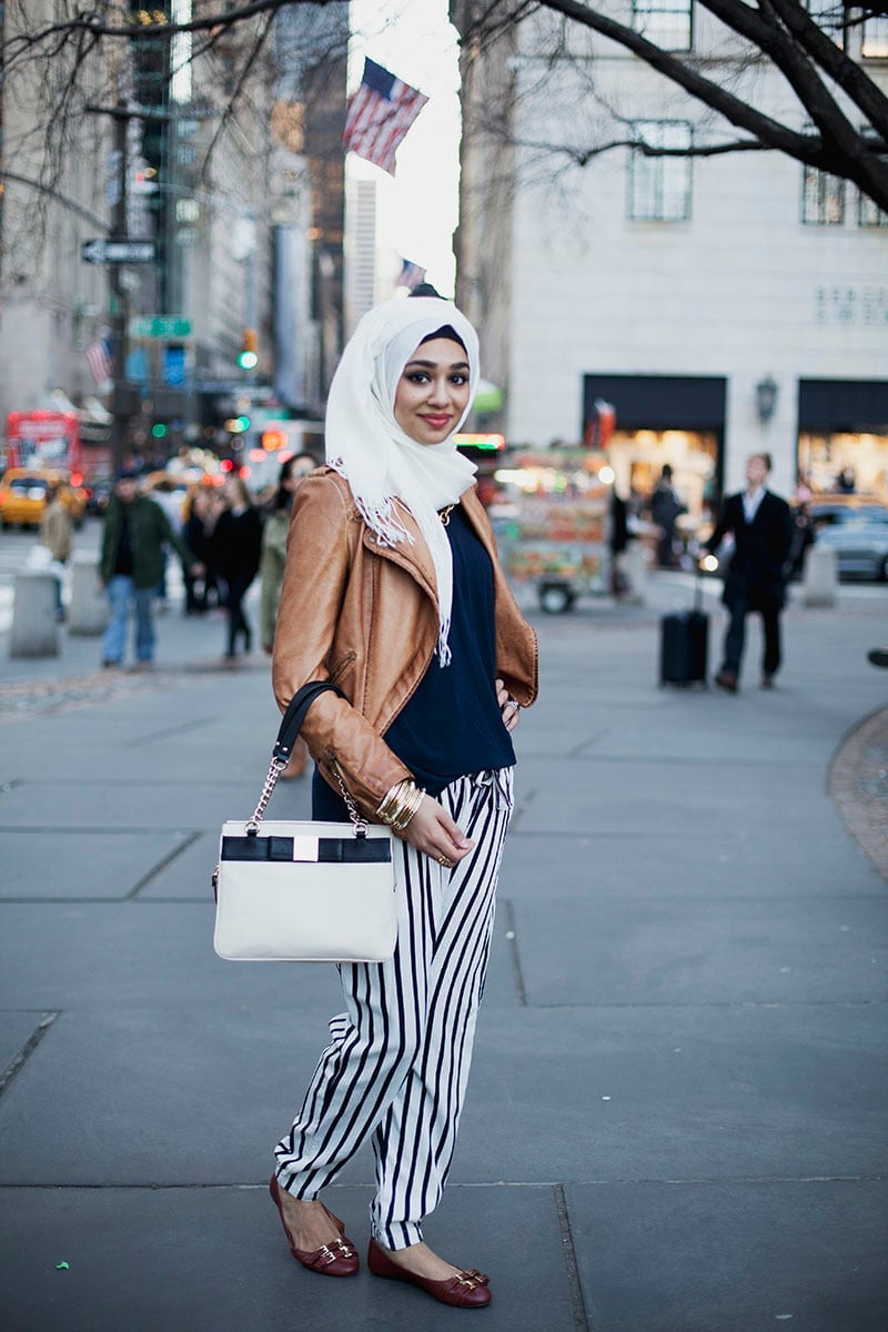 Leather Jacket with Striped Trousers Leather Jacket with Striped Trousers — Trendy Hijab Outfits