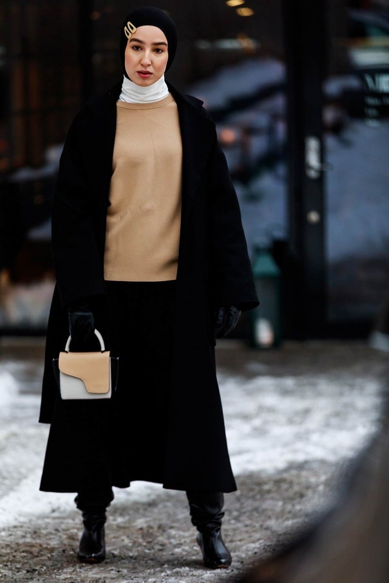 Monochromatic Layering with Wool Coat Monochromatic Layering with Wool Coat — Trendy Hijab Outfits