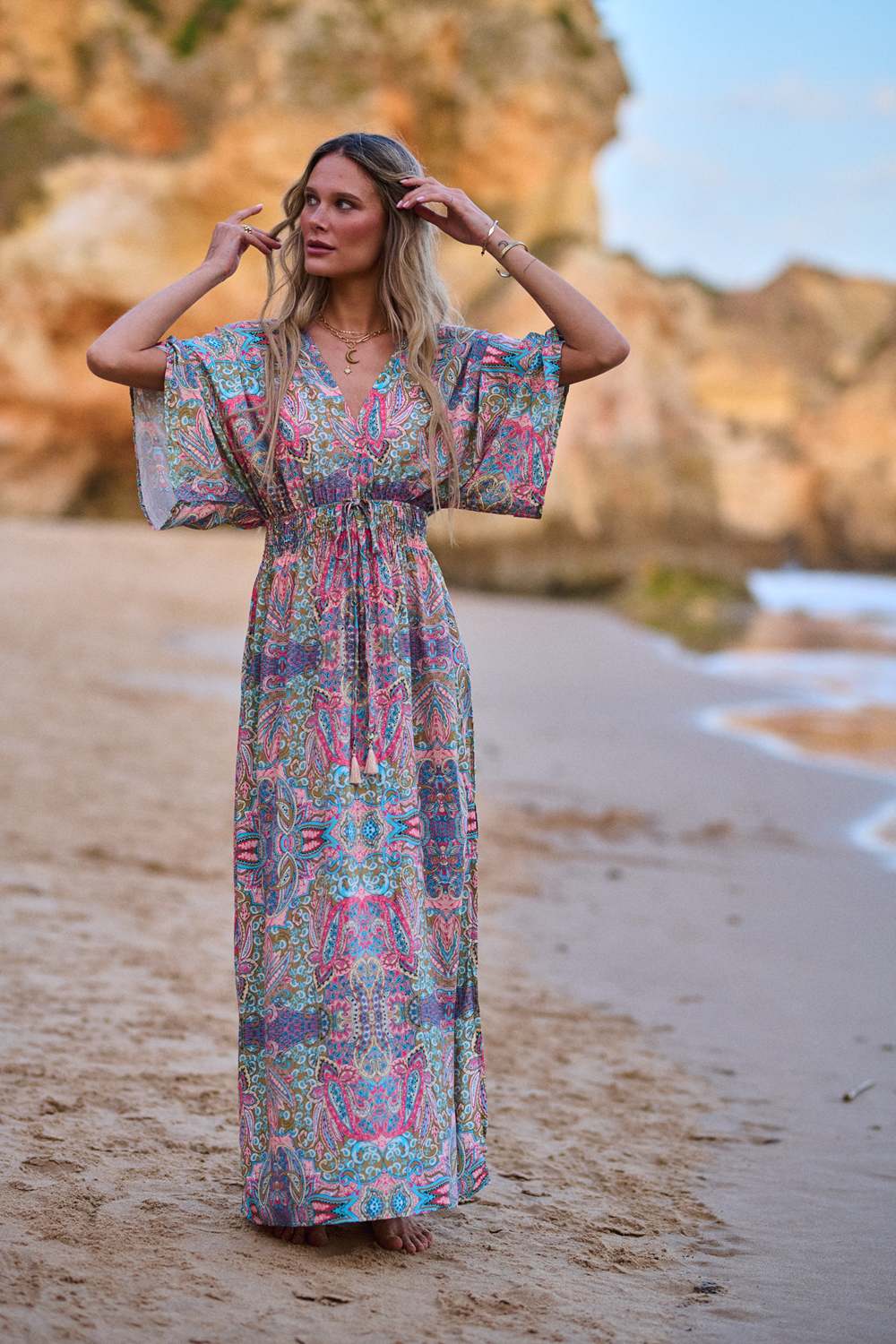 Paisley Maxi Dress with Cinched Waist — Trendy Hippie Outfits