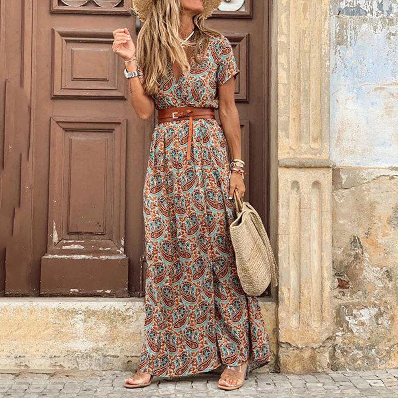 Paisley Print Maxi Dress with Belt — Trendy Hippie Outfits