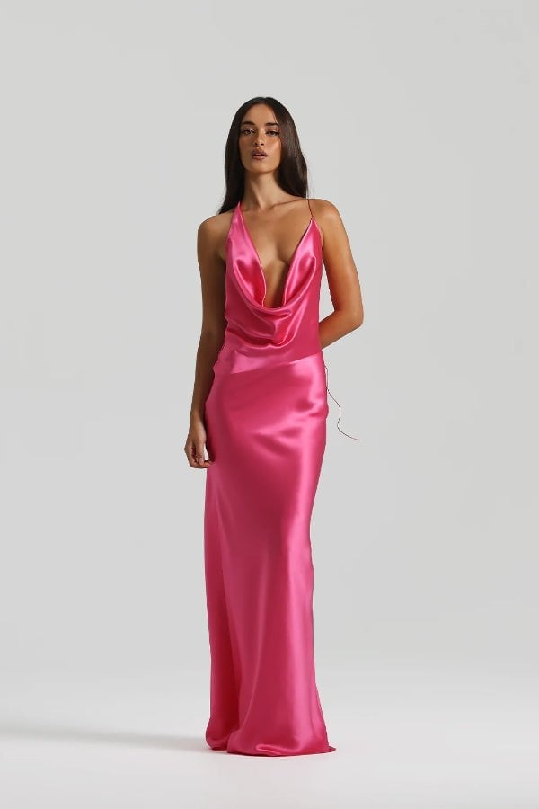 Hot Pink Satin Maxi Slip Dress with Cowl Neck Hot Pink Satin Maxi Slip Dress with Cowl Neck — Trendy Hot Pink Dress