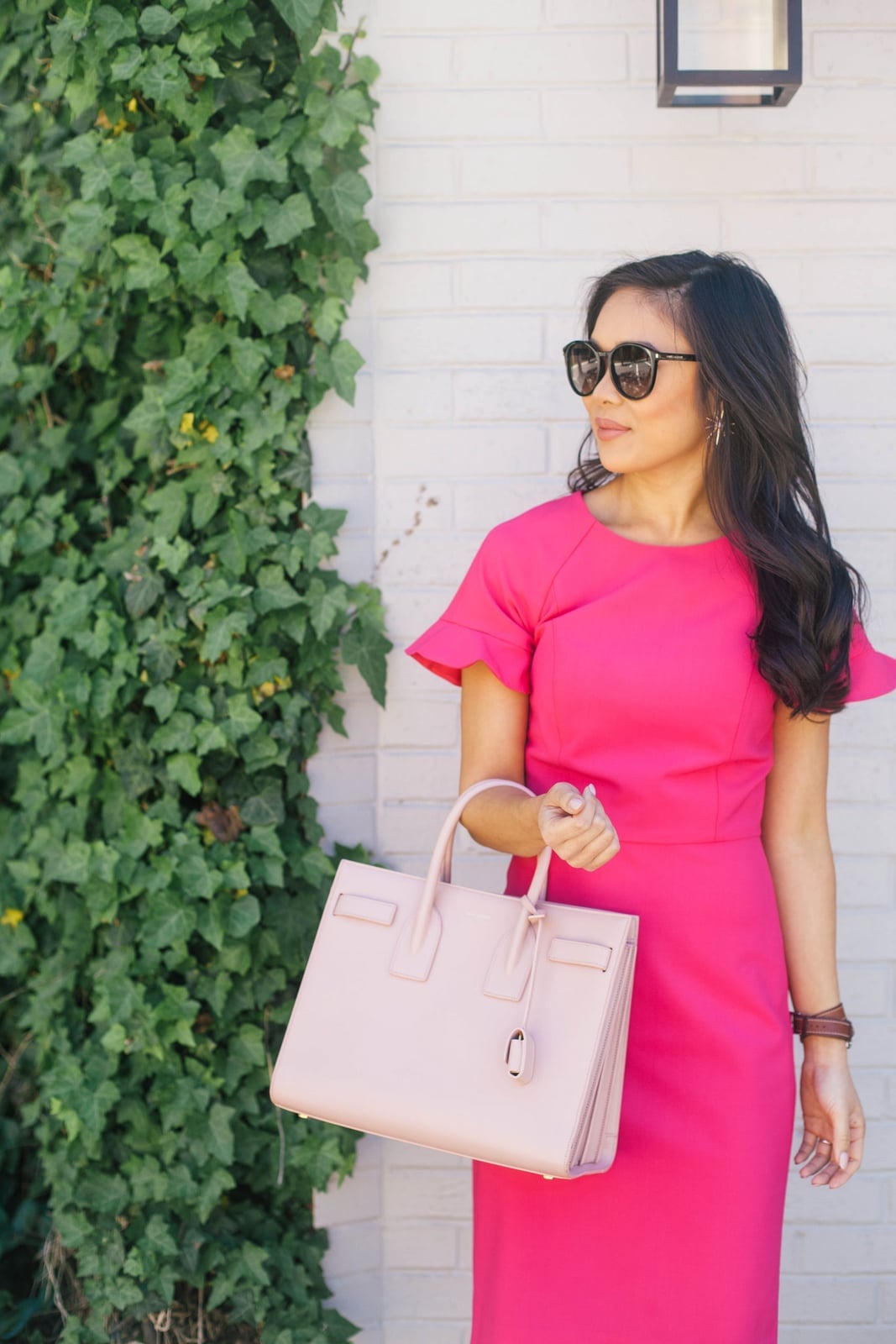 Hot Pink Sheath Dress with Ruffle Sleeves for Work Hot Pink Sheath Dress with Ruffle Sleeves for Work — Trendy Hot Pink Dress