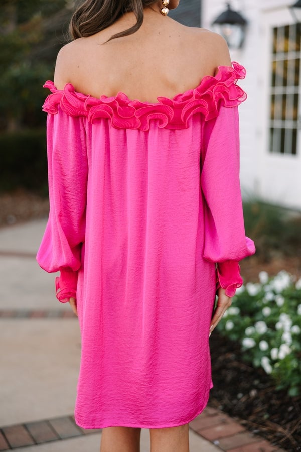 Hot Pink Off-The-Shoulder Dress with Ruffled Sleeves Hot Pink Off-The-Shoulder Dress with Ruffled Sleeves — Trendy Hot Pink Dress
