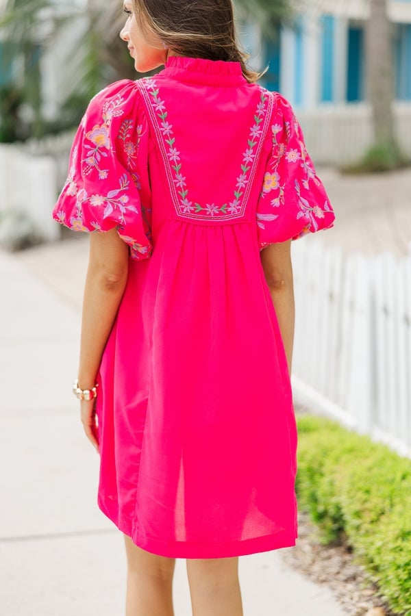 Hot Pink Babydoll Dress with Embroidered Yoke Hot Pink Babydoll Dress with Embroidered Yoke — Trendy Hot Pink Dress