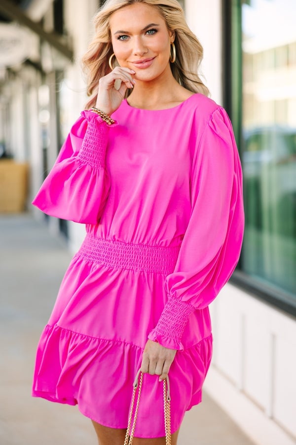 Hot Pink Dress with Smocked Waist and Bubble Sleeves Hot Pink Dress with Smocked Waist and Bubble Sleeves — Trendy Hot Pink Dress