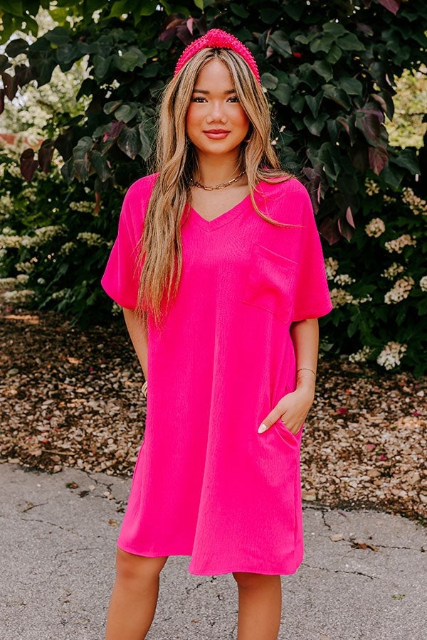 Hot Pink Crepe Shift Dress with Pocket Detail Hot Pink Crepe Shift Dress with Pocket Detail — Trendy Hot Pink Dress