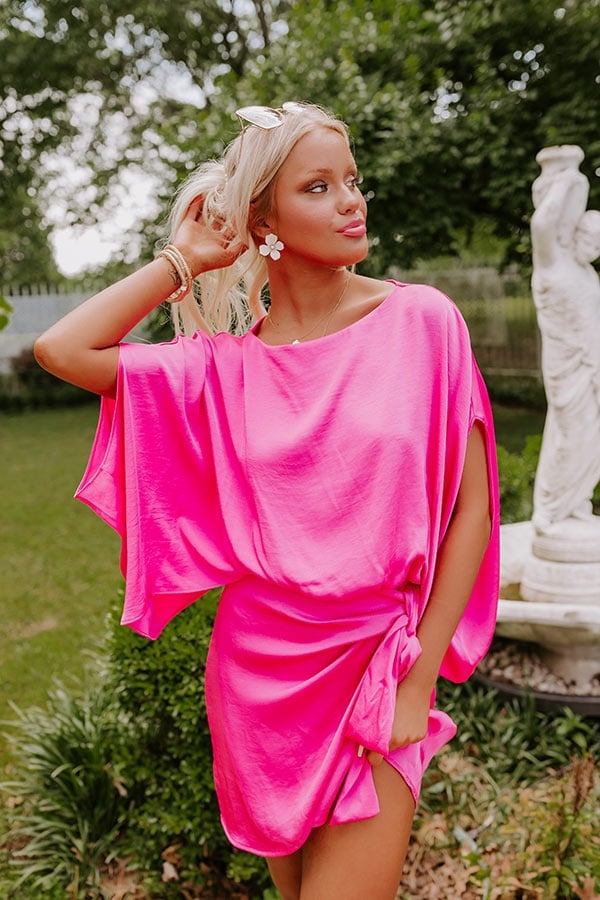 Hot Pink Satin Mini Dress with Draped Tie Detail Hot Pink Satin Mini Dress with Draped Tie Detail — Trendy Hot Pink Dress