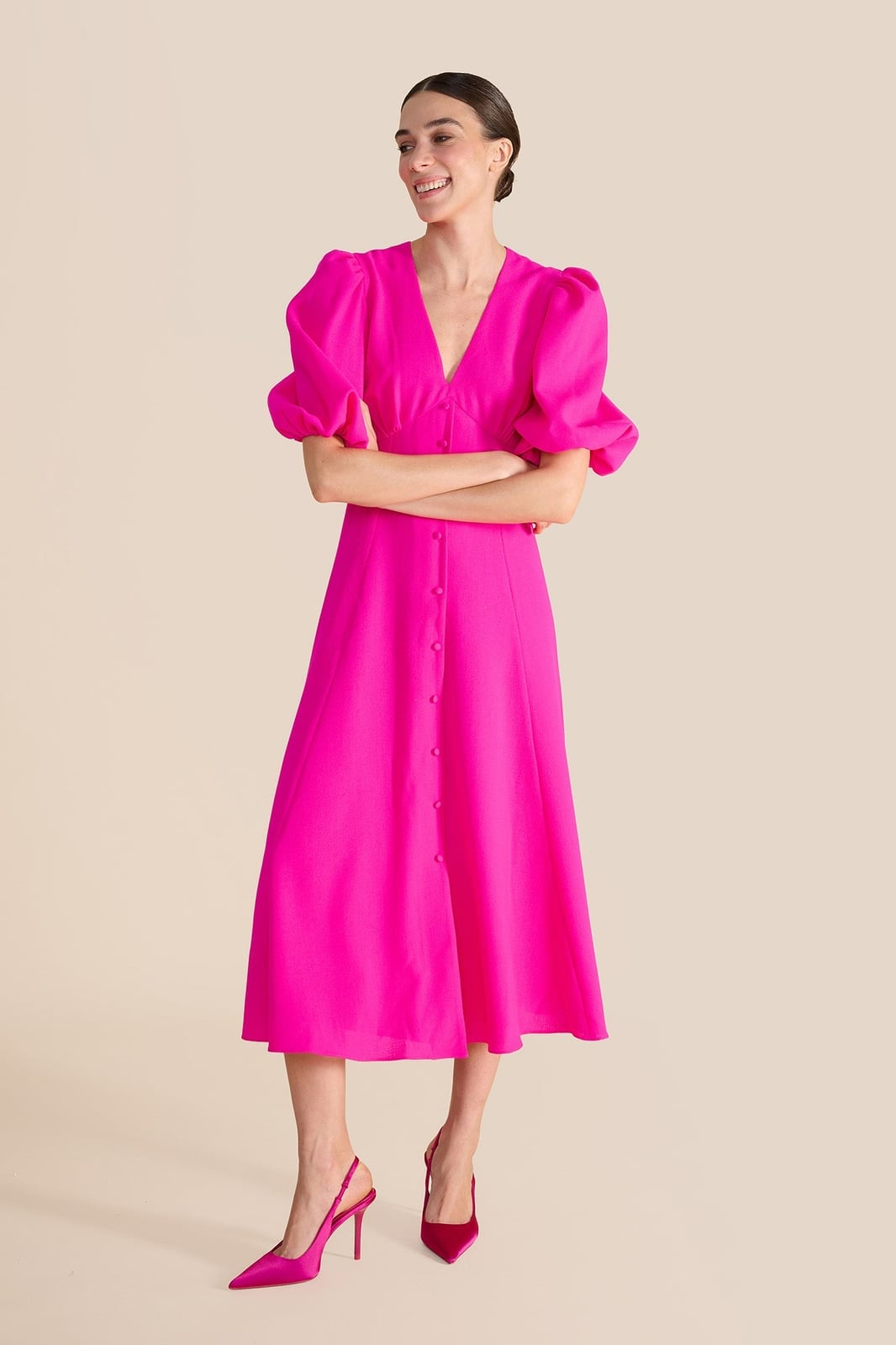 Textured Hot Pink Midi Dress with Puff Sleeves Textured Hot Pink Midi Dress with Puff Sleeves — Trendy Hot Pink Dress