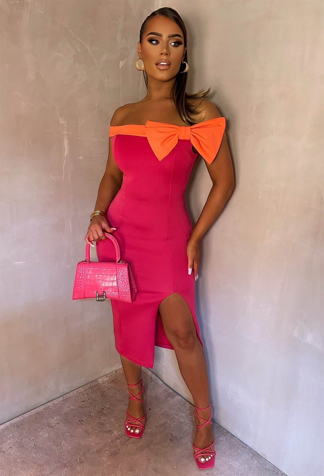 Fitted Hot Pink Bardot Dress with Orange Bow Fitted Hot Pink Bardot Dress with Orange Bow — Trendy Hot Pink Dress