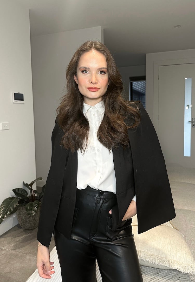 Black Leather Pants with Cape Blazer Black Leather Pants with Cape Blazer — Trendy Interview Outfits