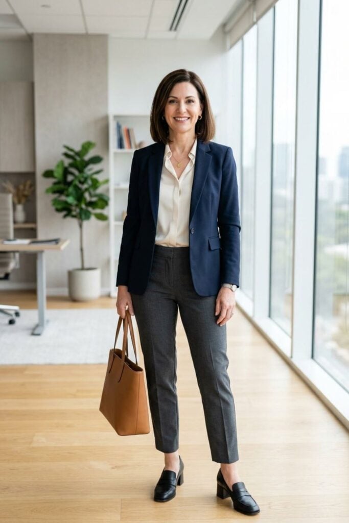 Navy Blazer with Cream Blouse and Grey Trousers Navy Blazer with Cream Blouse and Grey Trousers — Trendy Interview Outfits